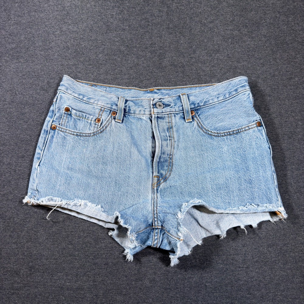 Levi's 501 Denim Shorts Women 30 Light Blue Cut Off Raw Hem Button Fly High Rise